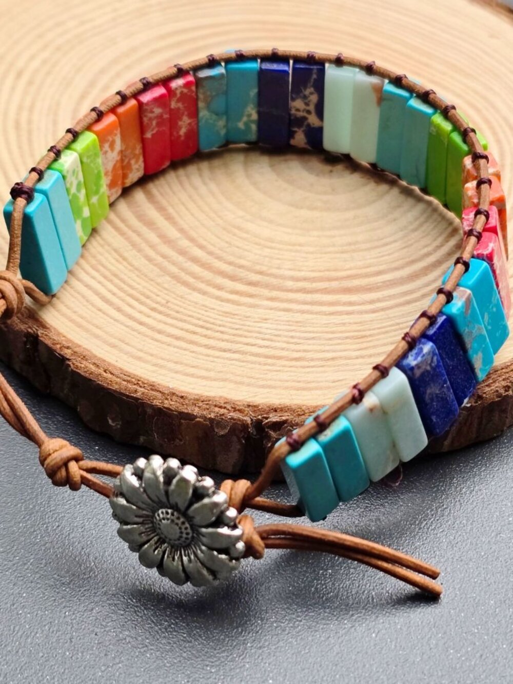 Handmade Multicolor Imperial Jasper Leather Wrap Flower Button Bracelet Alt NWT